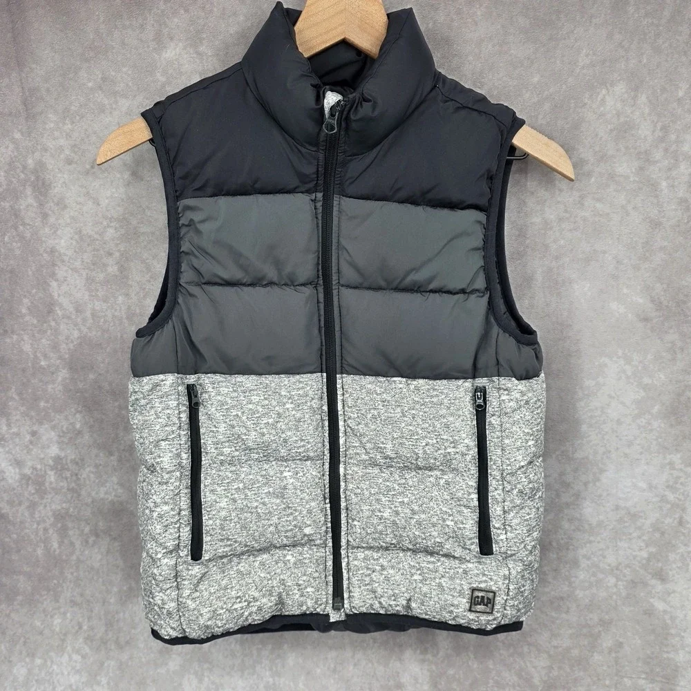 Gap Kids Boys 10/12 Medium Black Gray Puffer Vest Outdoor Zippered Pockets